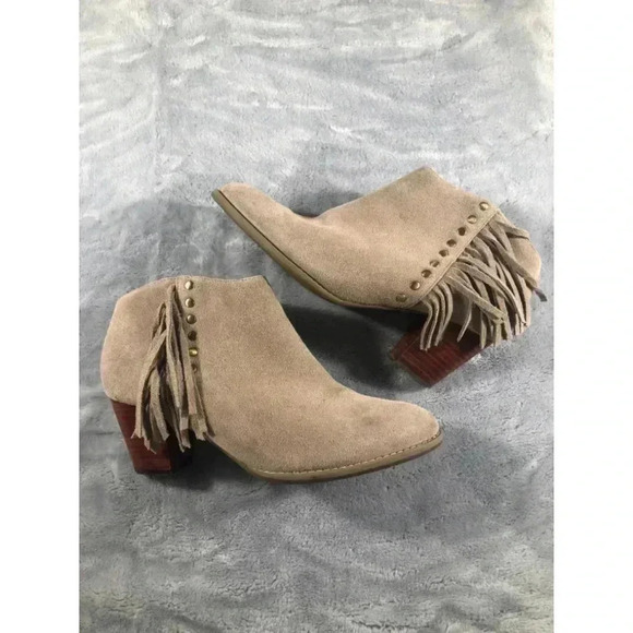 Vionic Women's Faros Boot Size 9 Block Heel Greige Tan Suede Fringe Western Shoe - Picture 1 of 6